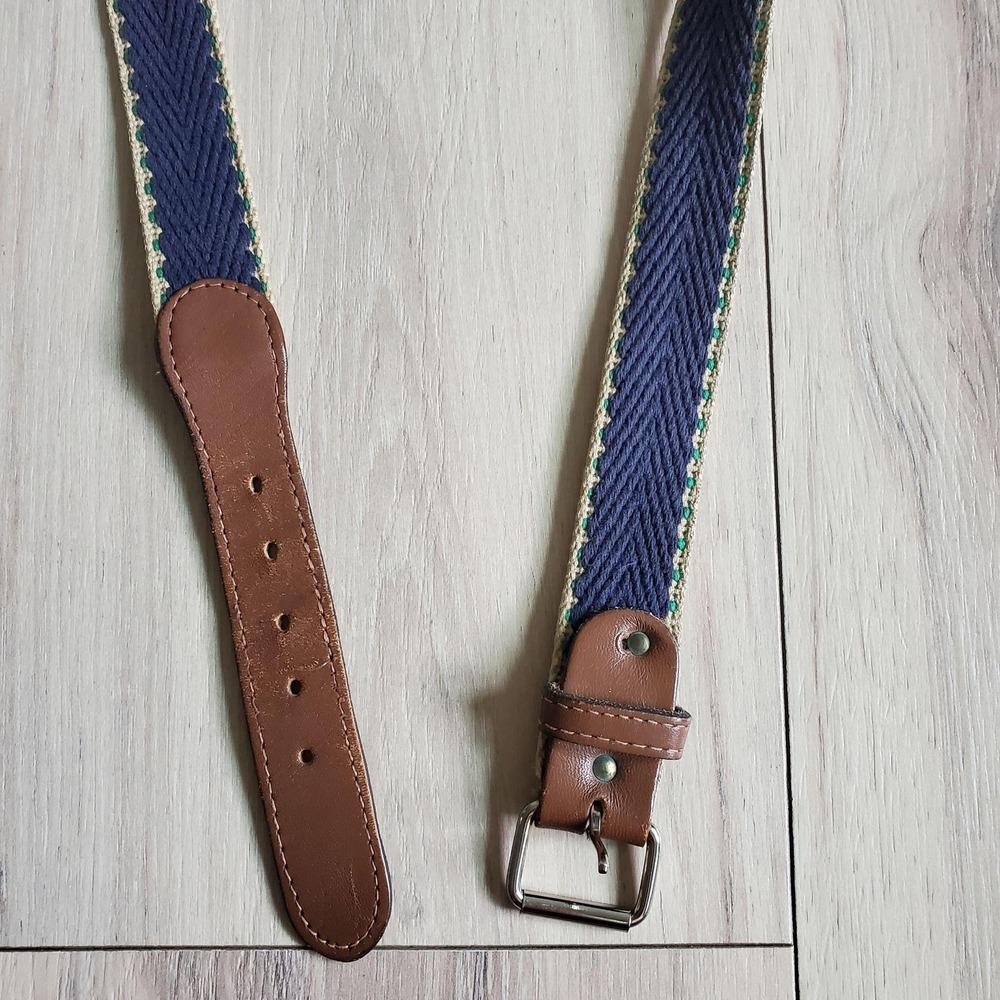 Canvas Leather Belt Womens 36‎ Blue Herringbone Silver Buckle Fashion Casual
